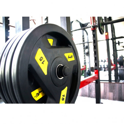 Олимпийский обрезиненный диск AeroFit 10 кг, черно-зеленый, с 3-мя хватами. Посадочное кольцо из нержавеющей стали, Ø 51,5 мм