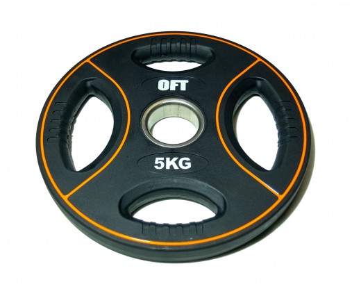 Диск олимпийский полиуретановый черный с четырьмя хватами 5 кг Original Fit.Tools ф50 мм