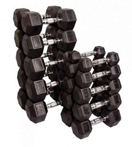 Набор гексагональных обрезиненных гантелей 9 пар, от 5 до 25 кг на 2-х рядной стойке, общий вес: 320 кг